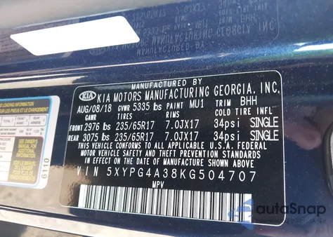 2019 Kia Sorento 2.4L Lx from USA, damaged, VIN 5XYPG4A38KG504707